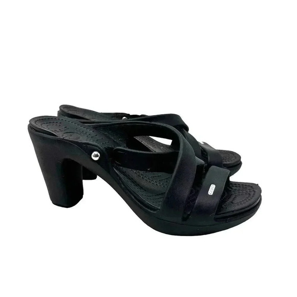 Crocs Women's Cyprus IV Sandal Size 10 Block Heel Mule Black Rubber Strappy Rare - Picture 1 of 16